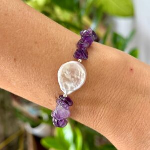 Pulseira Pérola Biwa com Cascalho de Ametista Prata 925