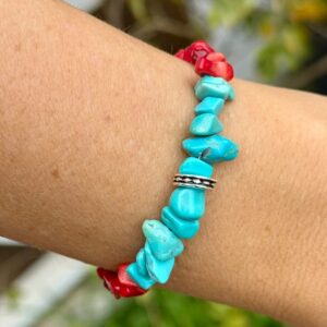 Pulseira Cascalho Coral e Turquesa Prata 925